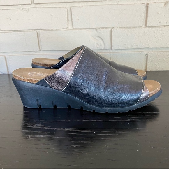Fly London Shoes - Fly London Wedge Slides Black Leather Sandals Womens Quiet Luxury Size 41 US 10